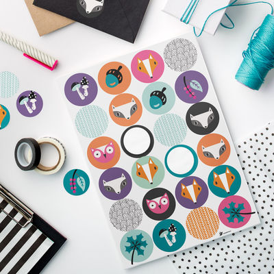 Metsän eläimet tarra-arkki, ympyrä Ø 40 mm